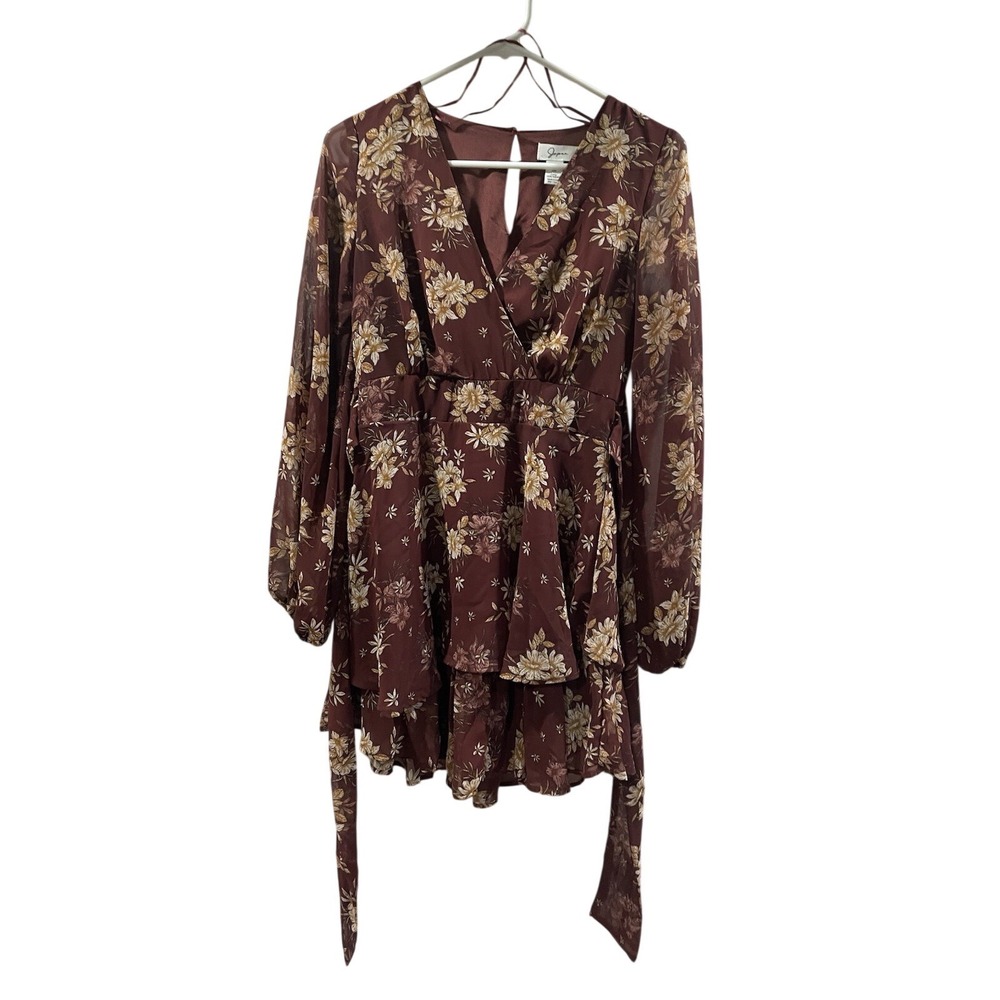 Women's Boho Floral Print Mini‎ Dress Burgundy And Cream Size Small